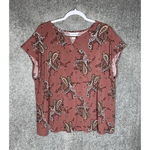 Liz Claiborne Top Womens Size 1X Brown Paisley Keyhole‎ Stretch Short Sleeve